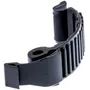 Side view of a mechanical component with ridged design.