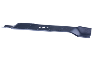 Top view of a lawn mower blade with three holes in the center.