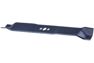 Top view of a lawn mower blade with three holes for attachment.