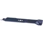 Top view of a lawn mower blade with three holes for attachment.