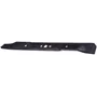Side view of a lawn mower blade with multiple holes for attachment.