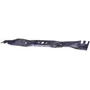 Top view of a metal lawn mower blade with multiple holes.