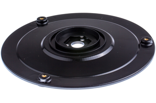 Top view of a circular base plate with mounting holes.