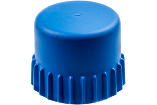 Front view of a blue plastic cap with ribbed edges.
