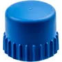 Front view of a blue plastic cap with ribbed edges.
