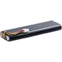 Vedere laterală a unui acumulator subțire cu fire de conectare și o priză.