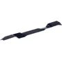 Top view of a lawn mower blade with multiple holes for attachment.