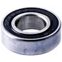 Side view of a metal ball bearing with a black seal.