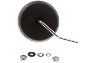 Top view of a wheel with axle and accompanying bearings and washers.