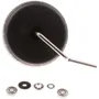 Top view of a wheel with axle and accompanying bearings and washers.