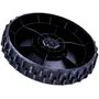 Top view of a rugged wheel, possibly for a lawn mower or similar equipment.