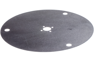 Top view of a circular metal disc with multiple holes.