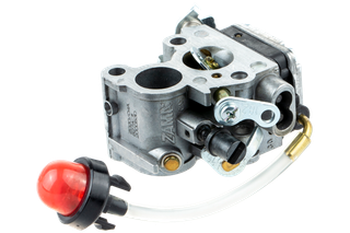 Close-up view of a carburetor with a primer bulb attached.