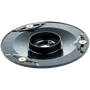 Top view of a circular metal disc with three golden fasteners.
