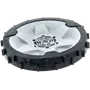 Top view of a lawn mower wheel with a rugged tire tread.