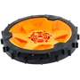 Top view of a wheel with a rugged tire and a distinctive central hub design.