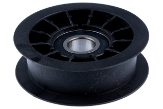 Front view of a black pulley wheel with a central bearing.
