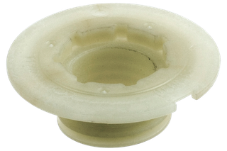 Top view of a plastic component with a circular design and central opening.