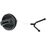 Top view of a fuel cap with a tether for a garden or construction tool.