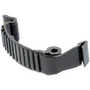 Side view of a mechanical component with a gear-like structure.