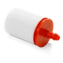Vy framifrån av ett cylindriskt filter med rött lock och munstycke.
