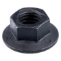 Front view of a hexagonal nut with a flange.