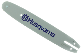 Side view of a Husqvarna chainsaw guide bar.