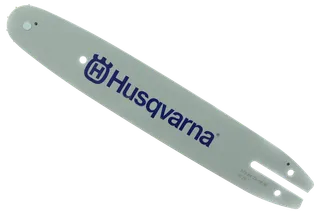 Side view of a Husqvarna chainsaw guide bar.