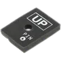 Nærbillede af en sort skumpude mærket "UP" og "PIN 6".