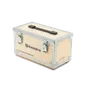Front view of a Husqvarna wooden storage box with metal reinforcements and a handle.