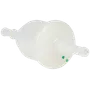 Vy ovanifrån av ett bränslefilter av plast med två anslutningar.