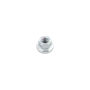 Front view of a metal hex nut with a flange.
