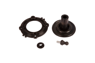 Top view of various mechanical components including a circular plate, a cylindrical piece, a small circular part, and a bolt.