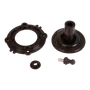 Top view of various mechanical components including a circular plate, a cylindrical piece, a small circular part, and a bolt.
