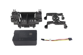 Top view of a set of components including a battery, mounting brackets, and a connector cable.