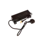 Top view of a black power adapter with a plug and cable.