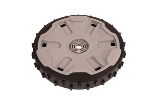 Top view of a robotic lawn mower wheel with a rugged tread pattern.