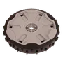 Top view of a robotic lawn mower wheel with a rugged tread pattern.