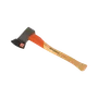 Side view of a Husqvarna axe with a wooden handle and branded logo.