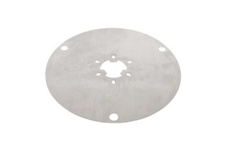 Top view of a circular metal disc with multiple holes.