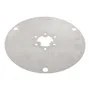 Top view of a circular metal disc with multiple holes.