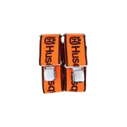 Front view of Husqvarna branded orange suspenders with metal clips.