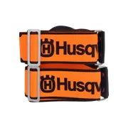 Front view of two Husqvarna-branded adjustable straps with metal buckles.