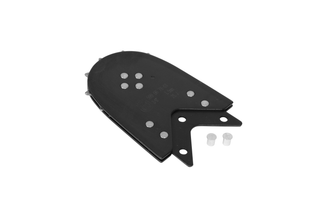 Top view of a chainsaw guide bar cover with rivets and two small pins.