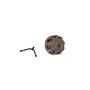 Top view of a fuel cap with a tethered retainer for a garden or construction tool.