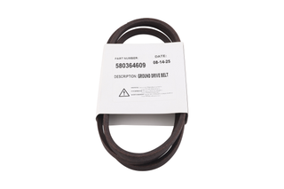 Top view of a ground drive belt with part number 580364609 and date 08-14-25 on the label.