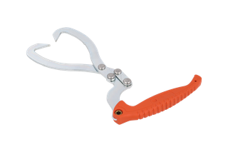 Lifting tong. Top view of a metal log hook with an ergonomic handle.