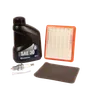 Top view of a Husqvarna maintenance kit including SAE 30 oil, air filter, spark plug, and foam pad.