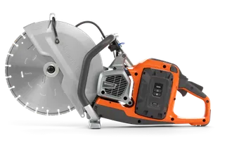Side view of a Husqvarna power cutter with a large circular blade.
