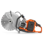 Side view of a Husqvarna power cutter with a large circular blade.